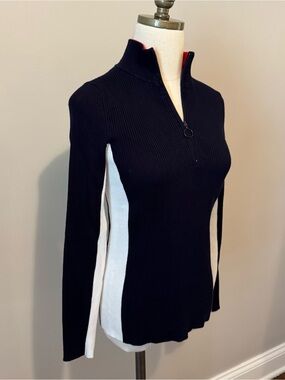 Anthropologie Navy Blue Zip Mockneck Sweater with White Side Panels